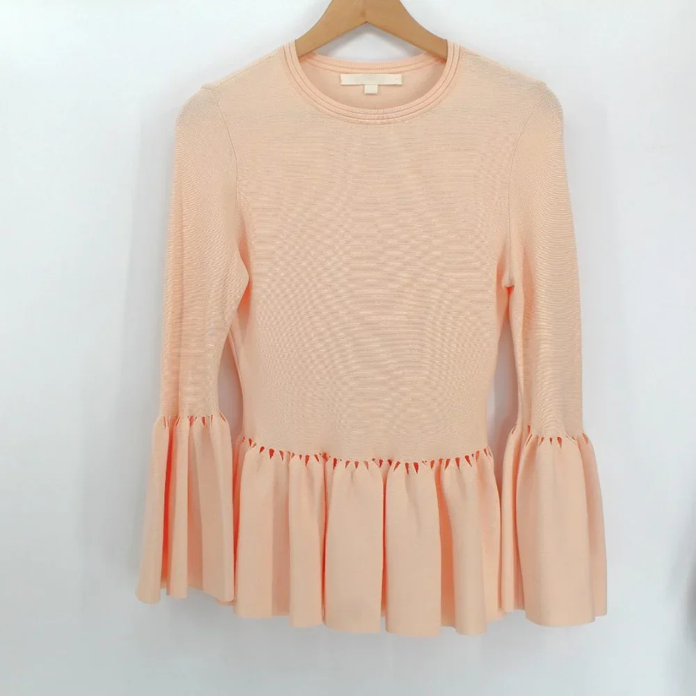 Jonathan Simkhai Stretch Knit Bell Sleeve Peplum Top Blush Cut Out Jewel Neck - Picture 4 of 13